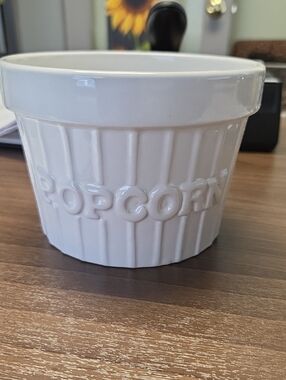 White Ceramic Popcorn Bowl with Raised Lettering